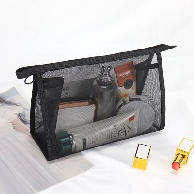 China Hot Sale Waterproof Hot Sale 3 Sizes Black Mesh Cosmetic Bag Clear Nylon Travel Toiletry Bag For Women Men for sale