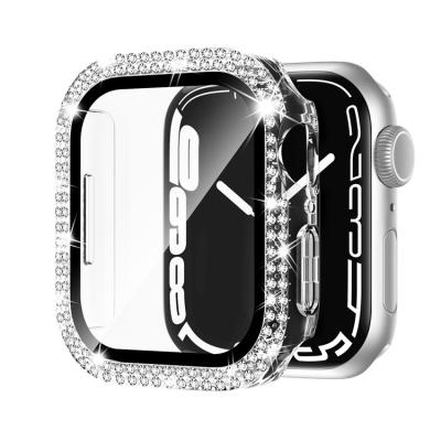 China Adepoy Luxury Bling Bling Double Shockproof Diamond Case With Tempered Glass Apple Watch Case For Apple Series 7 for sale