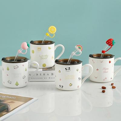 China OEM/ODM Cartoon Design Viable Bear Pattern Ceramic Coffee Cup Porcelain Coffee Mugs With Lid Stainless Steel Ceramic Spoon for sale