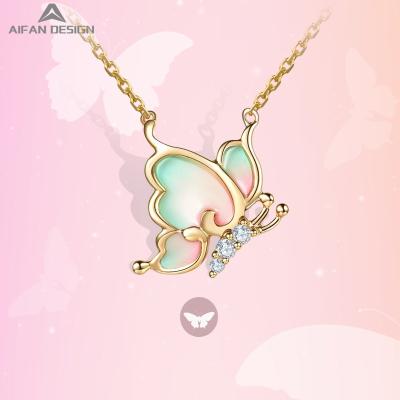 China Wholesale CLASSIC Korea 925 Sterling Silver Gold Plated Enamel Rhinestone Butterfly Ladies Pendant Necklace for sale