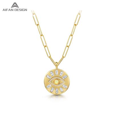 China TRENDY Retro Fashion Custom 14K Gold Diamond Synthetic Opal Disc Pendant Necklace for sale