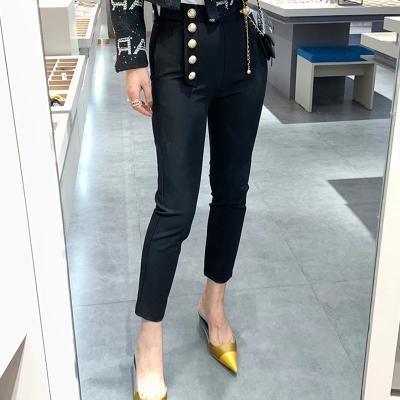 China Anti-Wrinkle Design Classic Women Skinny Pencil Pants Gold Buttons Casual Trousers Ankle-Length High Waist Quality Solid Elastic Fabric for sale