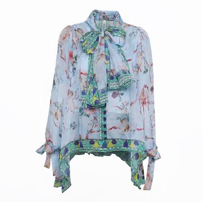 China Angel Character Printing Loose Soft Summer Hot Sale Bow Collar Anti-Shrink Long Sleeve Fabric Chiffon Women Tops Fashionable Ladies Blouse for sale