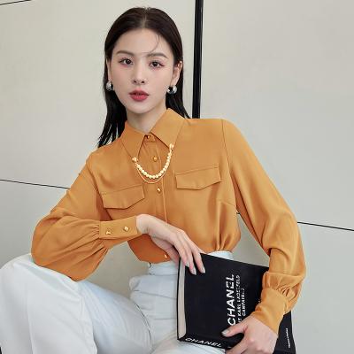 China Wholesale All-match Anti Shrink Designing Solid Color Elegant Chain Heart Buttons Quality Loose Casual Chiffon Nasty Women Tops for sale