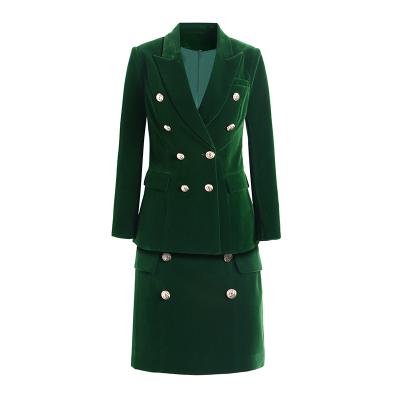 China Viable Wholesale Price Lower MOQ Customized Color Quality Office Ladies Luxury Blazers Green Velvet Women Suits Two Pieces Skirt Sets for sale