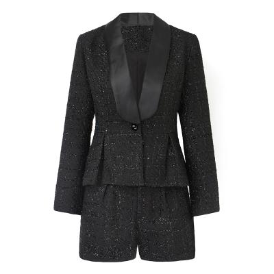 China Autumn factory price quality slim spring shawl collar tweed button simple black jacket bow slim 2 piece shorts women set casual suits for sale