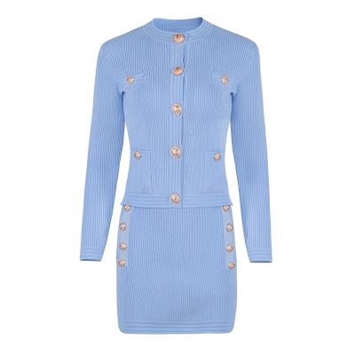 China Breathable Customize Women Knitted Sweat Suit Long Sleeve Mini Skirt Slim Design Blue Two Piece Set for sale