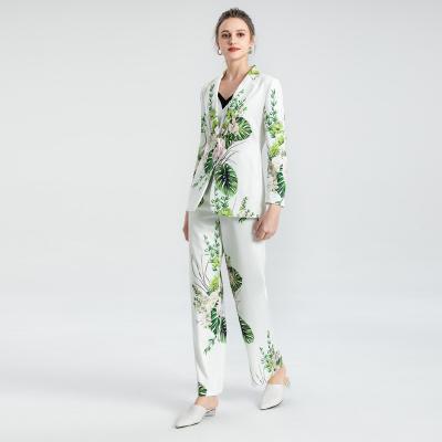 China Autumn Viable Modern Fashion New Arrival Two Piece Pants Sets Quality Green Leaf Printing Elegant Lady Blazer Set Street Print Suits for sale