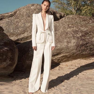 China Lxury Designer European Stylish White Lace Patchwork Blazer Workable Wide-Leg Pants High Street 2 Piece Sets Women Suits for sale