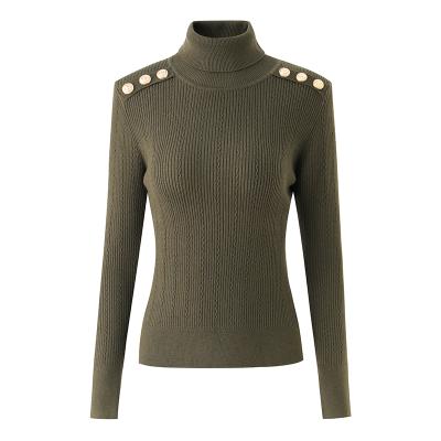 China Breathable Sweater Women's Luxury Turtleneck Wool Blend Wool Padder Winter Warm Army Green Shoulder Casual Knitted Tops for sale