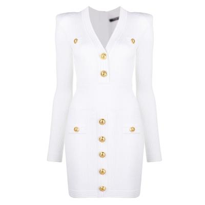 China Anti-wrinkle 2021 autumn new new design high quality stylish long sleeve v-neck button up casual white casual knit dress for sale