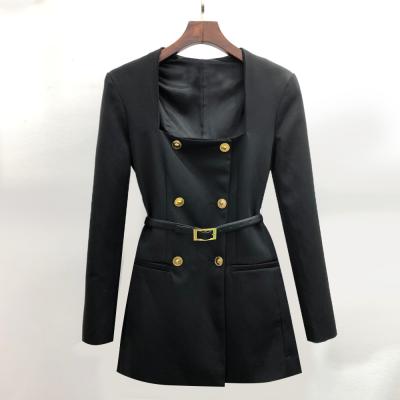 China Sustainable Women Black Spring Autumn Belt Folder Casual Dress Long Sleeve Square Chic Quality Design for sale