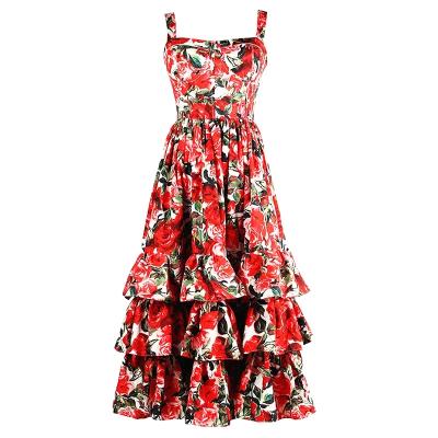 China New Summer Luxury Cotton Blend Red Floral Print Elegant Spaghetti Straps Long Beach Layered Ball Gown Dress Wholesale for sale