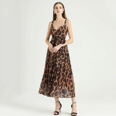 China New Anti-wrinkle summer fashion vacation beach strap chiffon long dress classic design quality leopard print sleeveless dresses for sale