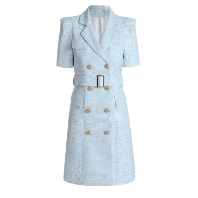 China Anti-Wrinkle Women's Chic Notched Criss Cross Light Blue Tweed Plaid Weave Slim Female Dresses High Quality for sale