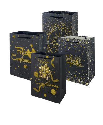 China JuYi Flim Christmas Recyclable Matte Waterproof Gift Bag Hot Stamping Shiny Black Paper Bags For Shopping Shoes for sale