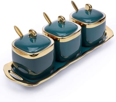 China Steamable Porcelain Condiment Jar Spice Container Jars With Lids Spoon Storage Creative Seasoning Tray Gold Gilt Edge Ceramic Serving Box for sale