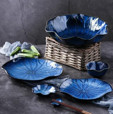 China Luxury Design Creative Stocked Blue Glazed Ceramic 5 Piece Lotus Leaf Shape Platter Bowl Tea Cup Spoon Dish Sauce Set Dinner For Party for sale