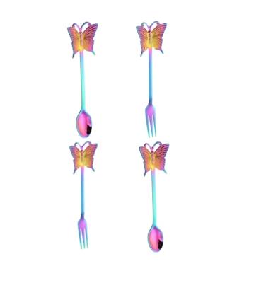 China 4 Pieces Stainless Steel Stainless Steel Butterfly Handle Creative Fruit Fork Table Spoon Hanging Stirring Teaspoon Jam Mixing Scoop for sale