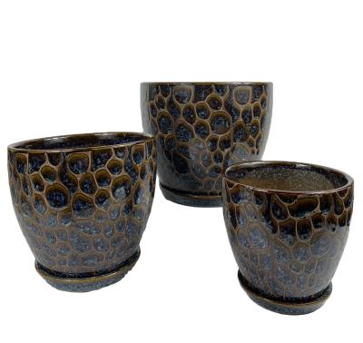 China Modern Flower Pots Round Herbs Small and Medium Embossed Ceramic Succulent Planters with Saucers for Balcony Home Office Set of 3 for sale