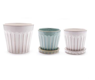 China Custom Round Shape Ceramic Flower Pot Planter Pot Tied Saucer Intaglio Stripes Design Glossy Luster Succulent Pot For Garden Decor Pottery for sale