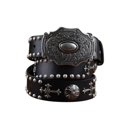 China Mens Belt Designer Custom Superior Retro Western Rivet Studded To Whip Leather Belt Men With Western Buckles for sale