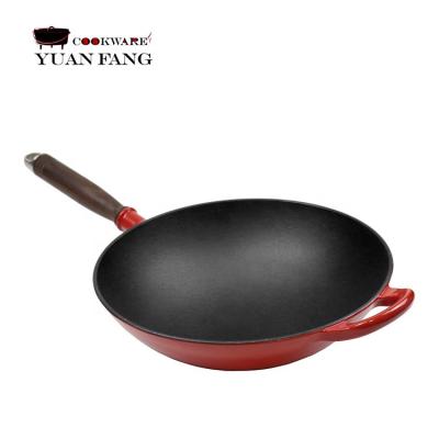 China Sustainable 33cm Enamel Cast Iron Wok With Single Long Handle for sale