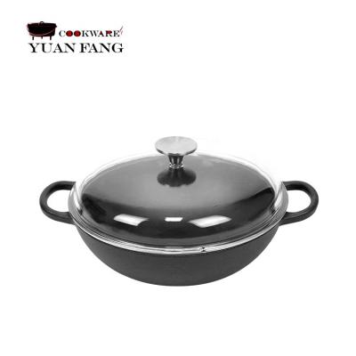 China Sustainable Vegetable Oil Coating Around Cast Iron Chinese Wok With Glass Lid for sale