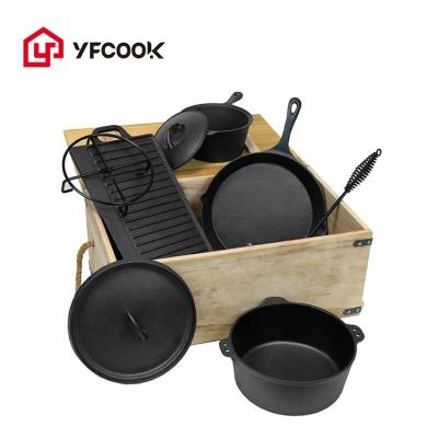 China Heavy Duty Dutch Pre-Seasoned Viable Oven Camping Cookware 7 Piece Cast Iron Set for sale