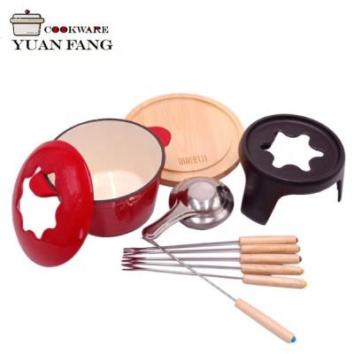 China Workable Mini Fondue Pot With Fork Enamel Cast Cheese Fondue Set for sale