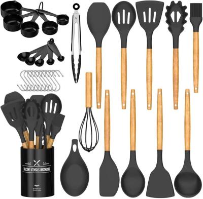 Cina Sustainable Non-stick Silicone Cooking Kitchen Utensils Spatula Set With Holder, Wooden Handle Silicone Kitchen Instruments in vendita