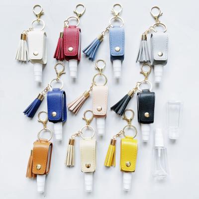 China PU Leather New Ready To Ship Leather Tassels Spray Bottle Holder Hand Sanitizer Bottle PendBottleant Handbags With 30ml for sale