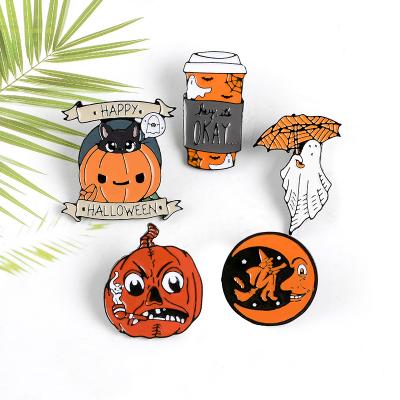 China Wholesale Custom Creative Moon Cat Enamel Coat Brooch Halloween Brooch Series Pumpkin Head Ghost Witch Dress Accessory for sale