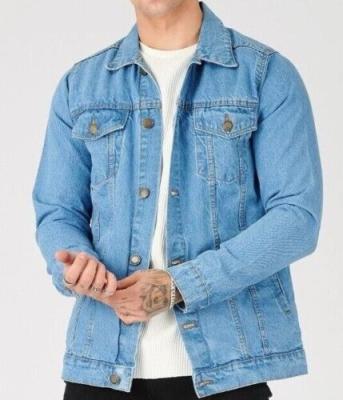 China Custom Logo Cheap Men's Jeans Jacket Style Western Light Blue Wash Coat Size S - 2XL for sale