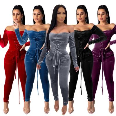 China Anti-pilling New Fashion Women Sport Velvet Sleeve Belted Pocket Off Shoulder Jumpsuit for sale