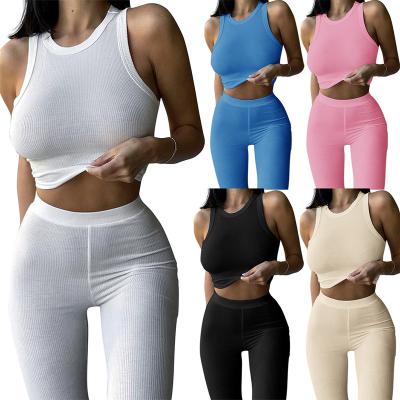 China 2022 Summer Breathable Rib Cropped Outfits 2 Pieces Set Yoga Joggers Joggers Tracksuit Women Tank Tops Pants Two Piece Set for sale