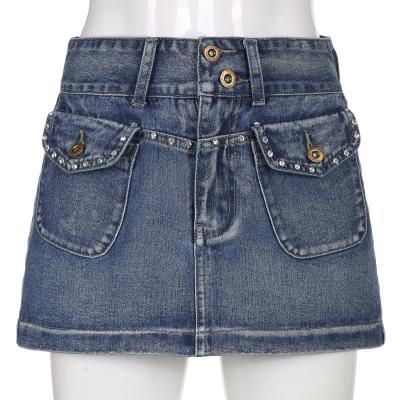 China Vintage Diamonds Denim Mini Skirts Korean Kawaii Low Rise Wrap Jeans Penceil Skirt Anti-Static Women for sale