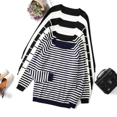 China Anti-Wrinkle Knit Rib Polyester Winter Black Crew Neck Sweater Striped Sweater Long Sleeves Loose Women's Sweaters for sale