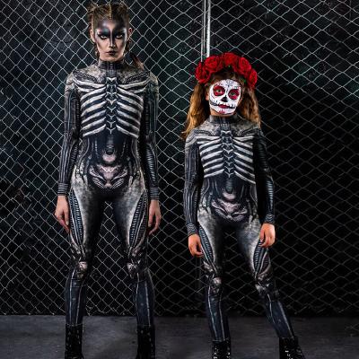 China Halloween Fitness Skeleton Anti-pilling Printed Sheer Long Sleeve Playsuits &Bodysuits For Women And Kid for sale