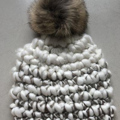 China COMMON Fashion Chunky Multicolor Yarn Hand Knitted Handmade Knitted Hats With Fur Pompoms for sale