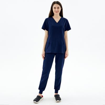 China Anti-Wrinkle FUYI Navy Modern Stretch Sleeves Hospital Uniforms Suits Nurse Scrubs Medical Uniforms Women Spandex Scrbs Nursing Scrubs for sale