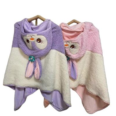 China 3D Anti-Pull Cartoon Design Super Soft Wearable Hooded Kids Fleece Blankets Embossed Embroidery for sale