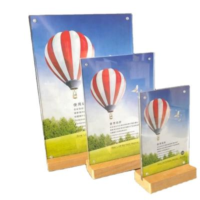 China Eco - Friendly A5 Acrylic Sign Holder With Wooden Base Magnetic Menu Holder Custom for sale