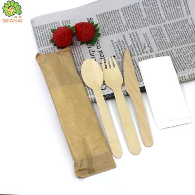 China Wedding Disposable Wooden Cutlery Set In Brown Paper Packaging , Wooden Fork Spoon Knife for sale