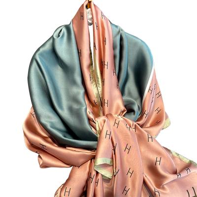 China Reusable printing silk scarf women thinner fashion brand satin striped famous silk scarf shawls for sale