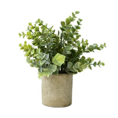 China Mini Potted Plants Fresh Green Minimalist Artificial Plastic Grass Flower in Gray Pot For Home Decor for sale