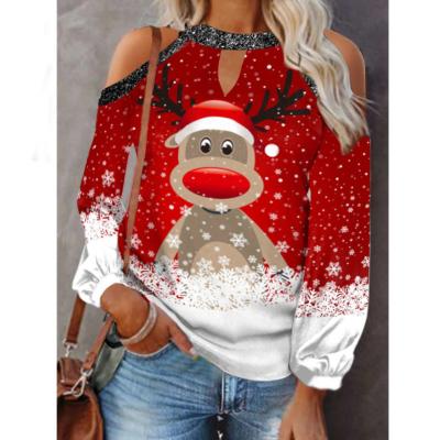 China 2021 Anti-Wrinkle New Design Women's Hot Christmas Off Shoulder Crewneck Tops Printed Casual Lady Long Sleeves Tee Shirt for sale