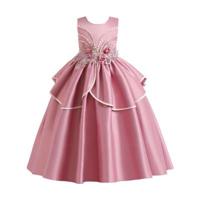 China 2057 Anti-wrinkle girl's satin princess dress long manual pearl neck nail dress red striped girl's dress for sale