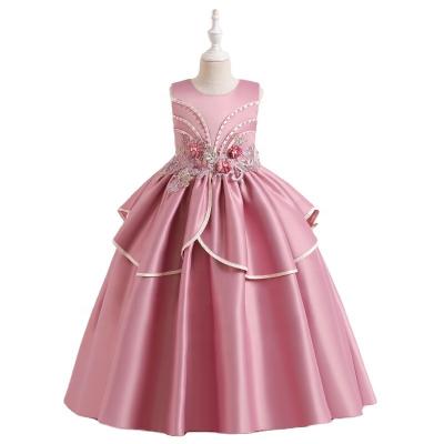 China Handmade three-dimensional anti-static 2057A long flower decorated girl's dress satin princess skirt for sale