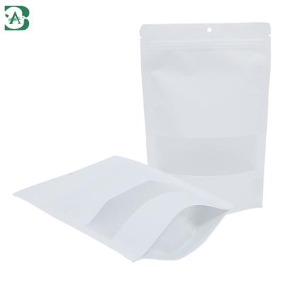 China Biodegradable White Reusable Stand Up Paper Pouch Kraft Paper Bags For Food Packaging With Window for sale